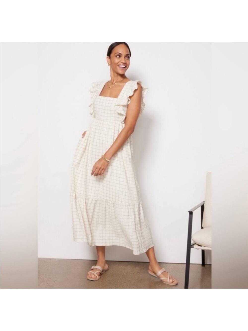 Evereve Cream Windowpane Ruffle Strap Maxi Dress